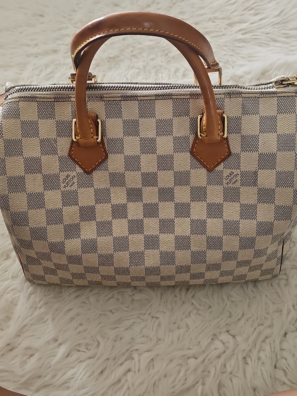 Louis Vuitton Damier Azur Speedy 30 Checkered Tan and Cream Women's Handbag